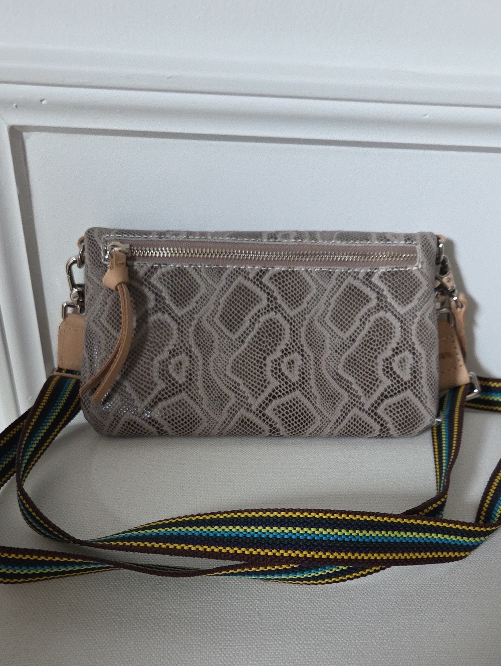 Consuela Taupe Snake-Print Crossbody with Multicolor Stripe Strap - Picture 2 of 4